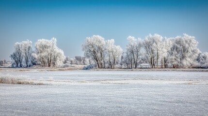 Serene winter landscape with snow-covered trees, vast pristine snow field and clear bright blue sky, capturing nature’s winter essence and radiating tranquility, beauty and peaceful wintry charm.