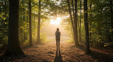 Fototapeta premium Person with backpack walks down sunlit dirt path through dense forest setting
