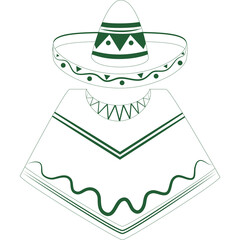 Green Line Art Sombrero Hat and Poncho Traditional Mexican Attire and Headwear Festive Clothing Outline Drawing Isolated on White