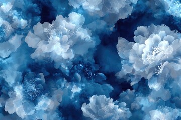 Abstract floral pattern with stylized large blooms in shades of blue and white