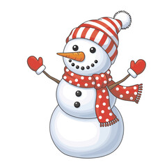 Cheerful snowman with red and white striped hat and scarf bringing holiday cheer, perfect for winter promotions, greeting cards, and festive designs