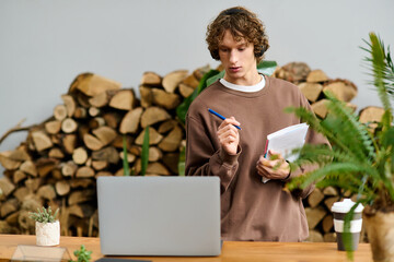 Creative young man brainstorming in a cozy workspace surrounded by nature elements