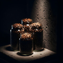 Artistic still life of four glass jars filled with granola against a textured background