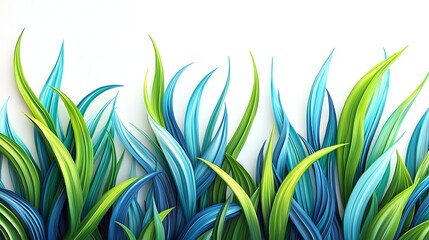 Vibrant Abstract Illustration of Blue and Green Grass-Like Leaves Against a White Background