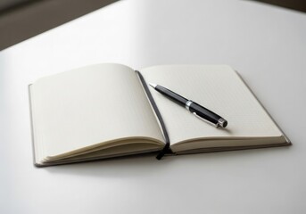 Blank Notebook with Pen on White Table Ready for Writing Journaling Planning or Note Taking for Business School or Personal Use