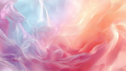 Fototapeta premium Abstract flowing fabric art in pastel hues of pink, orange, and blue. Delicate, ethereal folds