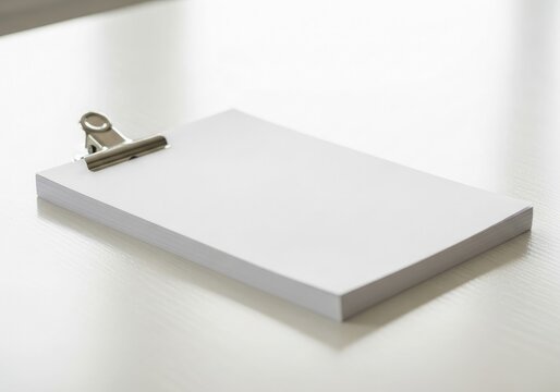 Stack of White Paper Sheets with Silver Clip on White Desk, Clean Stationery and Office Supplies with Copy Space for Text