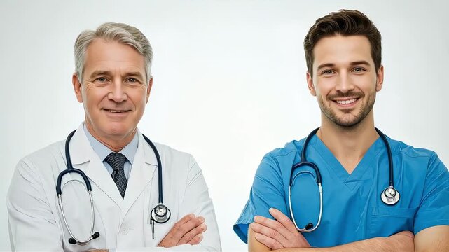 Veteran doctors in white coats and young staff in blue scrubs. An image of medical cooperation.