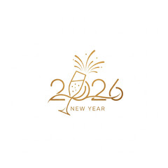 Elegant gold 2026 New Year logo featuring a champagne toast celebration icon with fireworks for a festive greeting card