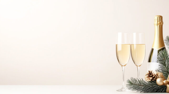 Champagne celebration with flutes and festive decor on elegant background