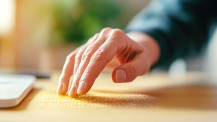 Caucasian female hand touching tactile surface in warm light