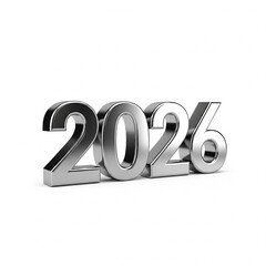 Three-dimensional silver numbers representing the new year 2026, a concept for calendars and celebrations, isolated on a white background