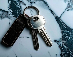 Set of silver metal house keys and a dark leather keychain resting on a white and dark veined marble surface