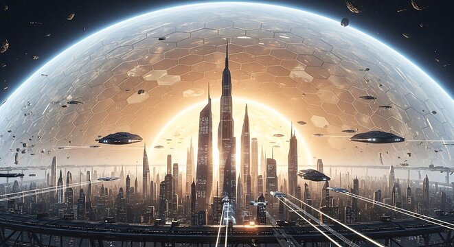 Futuristic Cityscape with Spaceships and a Giant Planet Backdrop. - Powered by Adobe