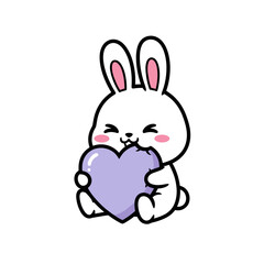 Cute bunny holding a purple heart in a playful pose on isolated background 