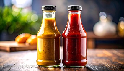 Two glass condiment bottles one yellow orange and one deep red stand on a dark wooden table