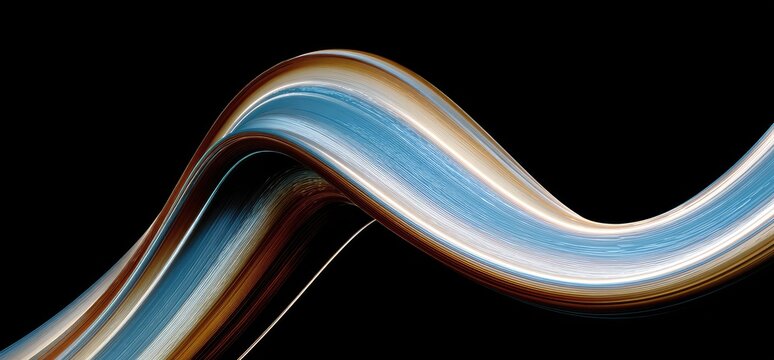 Abstract flowing wave with bands of brown, blue, and white against a stark black background