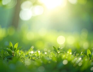 Fresh green grass sprouts with dew drops illuminated by bright morning sunlight soft bokeh background