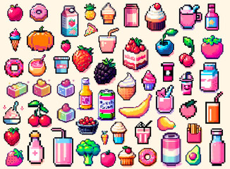 Colorful pixel art icons of fruits, desserts, drinks, and snacks arranged in a playful layout. Conceptual vector illustration for food, sweets, summer, and retro gaming themes.