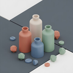 Minimalist pastel colored ceramic vases and geometric stone objects arranged on a contrasting background
