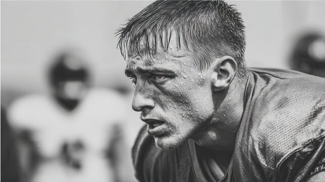 Sweaty and Focused Player with Intense Expression on the Field