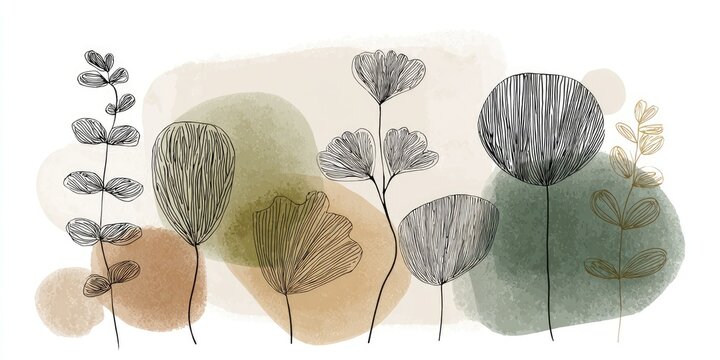 Abstract floral artwork with pencil drawn plants on soft watercolor splotches