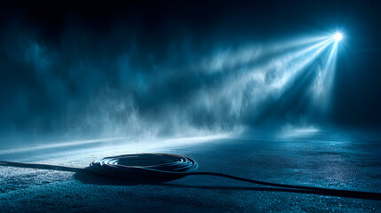 Dramatic spotlight illuminates a mysterious scene with atmospheric fog and shadows.