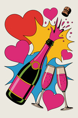 Pop art popping champagne bottle with hearts in vibrant colors