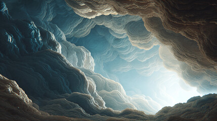 Celestial panorama of cloudscape with dramatic light and shadow. The sky has varying shades of blue, gray and beige