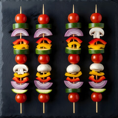 Vibrant vegetable skewers featuring cherry tomatoes mushrooms onions peppers and zucchini ready for grilling