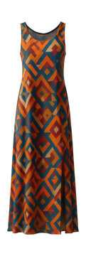Sleeveless maxi dress featuring a striking geometric pattern and side slit.