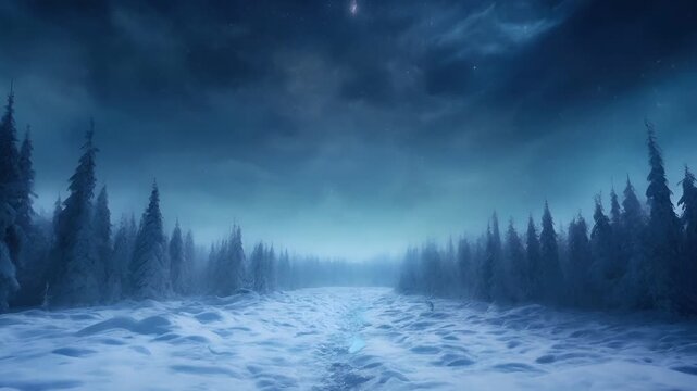 A solitary figure stands in a snowy landscape under a starry night sky. The scene is dominated by cool tones.