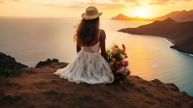 woman in white dress and straw hat overlooking ocean during sunset with mountains in the backgroundwoman in flowing white dress with floral pattern on rocky shore during sunset.