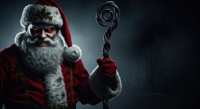 Scary Santa Claus with glowing red eyes and sharp teeth holding a dark twisted staff. Horror holiday concept for Halloween, Christmas, or New Year.