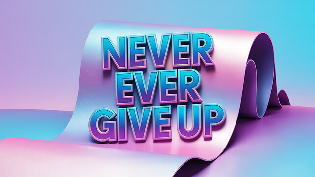 Never ever give up text on a pink and blue gradient curved background