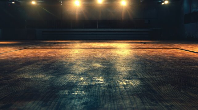 Empty stage with spotlights shining down on the wooden floor, creating a dramatic atmosphere
