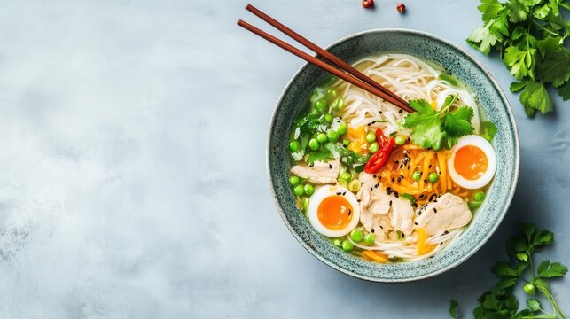Delicious asian noodle soup with chicken, vegetables, and boiled eggs in bowl - Powered by Adobe