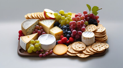3d a wooden board filled with various cheeses, crackers, and fruits for a tasty snack 