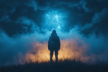 Silhouette of a Person Standing on a Hill Under a Lightning Storm Sky woman