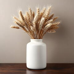 Naklejka premium Elegant wheat stalks in a white vase on a wooden surface.