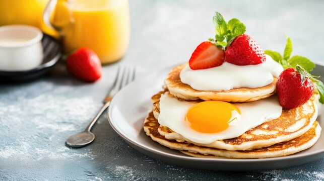 Delicious pancakes with sunny side egg and fresh strawberries for breakfast