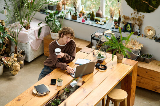 Creative young man working on a laptop surrounded by plants in a cozy workspace