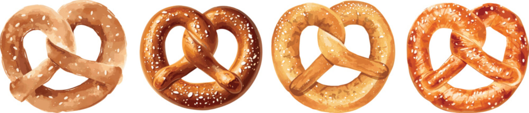 Watercolor Illustration of Pretzel Bread Set. Hand Painted Traditional Baked Snack with Salt Isolated on White Background