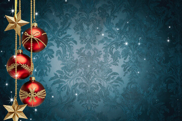 Sparkling red christmas ornaments and gold stars on a textured blue background