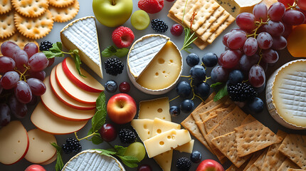 An overhead shot of a charcuterie board with cheese, fruit, and crackers spread out, 32K Resolution