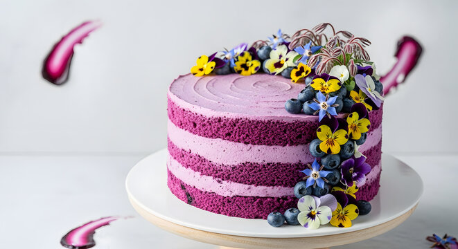 Beautifully Decorated Purple Layer Cake with Edible Flowers.