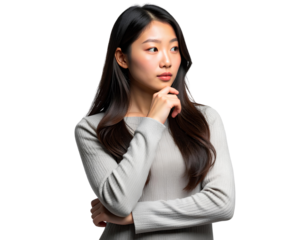 Thoughtful young Asian woman looking sideways, contemplating a decision, isolated on transparent background.
