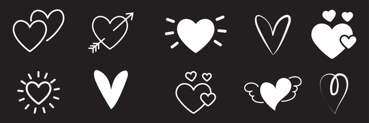 Doodle hearts sketch set. Various different hand drawn heart icon love collection isolated on white background. Heart shaped elements for greeting card,  Valentines Day. Love symbol.