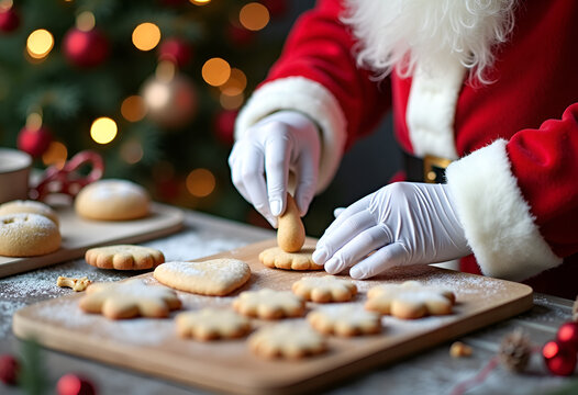 Santa Claus in his iconic suit is making cookie dough and will bake cookies for children for New Year and Christmas. He is working in the kitchen wearing white gloves.