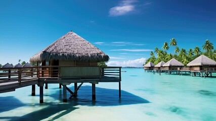 Aerial view of tropical beachfront with wooden pier and thatchedroof huts, showcasing a serene seascape with turquoise waters and clear sky.